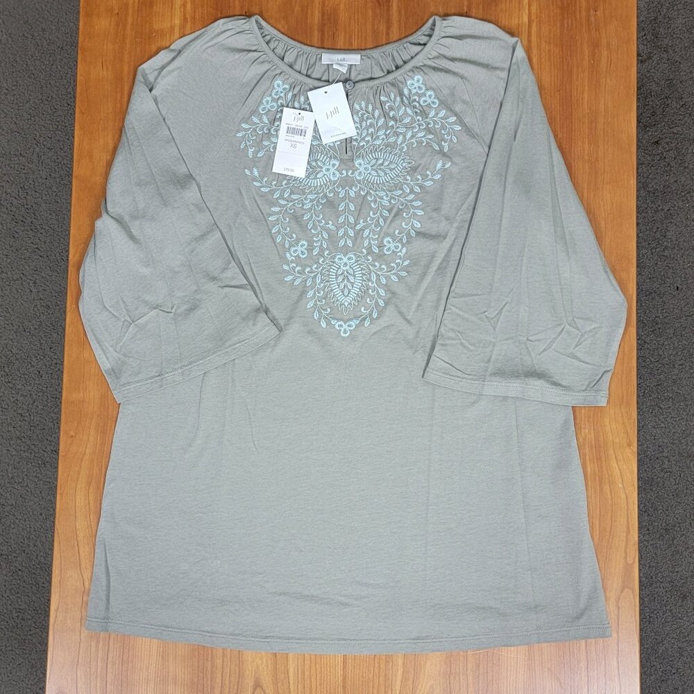 NWT J. Jill Green Peasant Top With Embroidery - XS - Picture 5 of 12